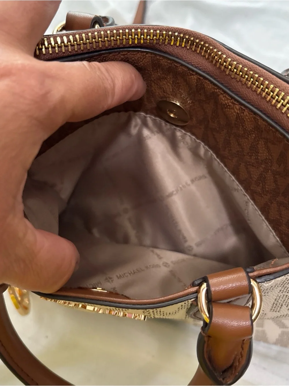 Michael Kors Beige Logo Satchel with Brown Trim and Gold Hardware